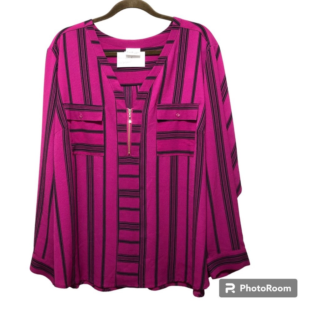Kim Rogers Curvy, Long Sleeve Blouse V-Neck  Women's  Zip Front,  Size 2XL,